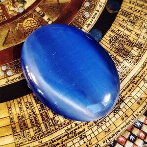 Large Cobalt Blue Fiber Optic Cats Eye Glass 40x30mm Domed Oval Glass Cabochon